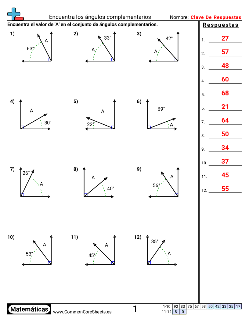 Ejercicios de ángulos - encontrar-angulos-complementarios worksheet
