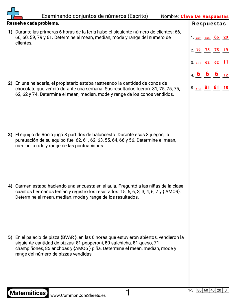 Media Mediana Moda y Gama Hojas de trabajo - examinar-conjuntos-de-numeros-palabras worksheet