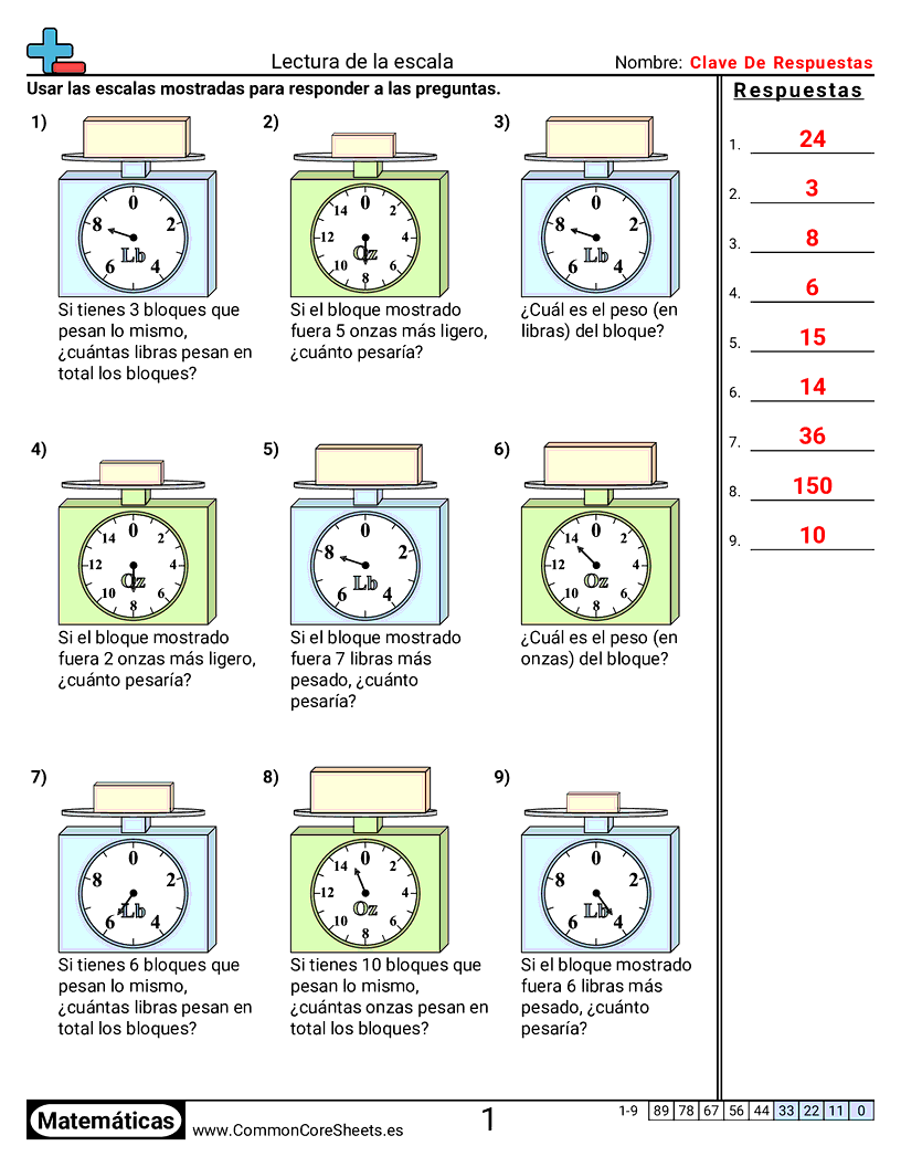 Ejercicios  de pesos - leer-una-balanza worksheet