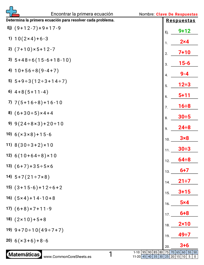 Ejercicios  de orden de operaciones - encontrar-la-primera-expresion worksheet