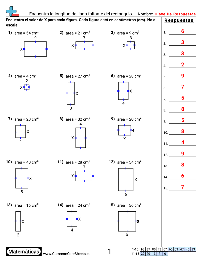 Ejercicios  área y perímetro - encontrar-el-lado-faltante-de-un-rectangulo worksheet