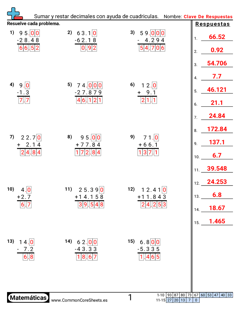Ejercicios  de decimales  - sumar-y-restar-decimales-con-cuadricula-de-ayuda worksheet