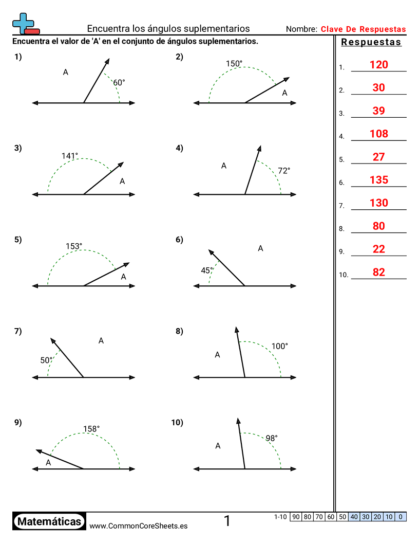 Ejercicios de ángulos - encontrar-angulos-suplementarios worksheet
