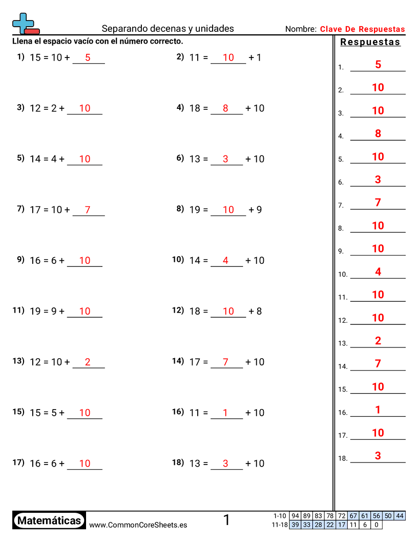 Ejercicios de sumas - descomponer-decenas-y-unidades worksheet