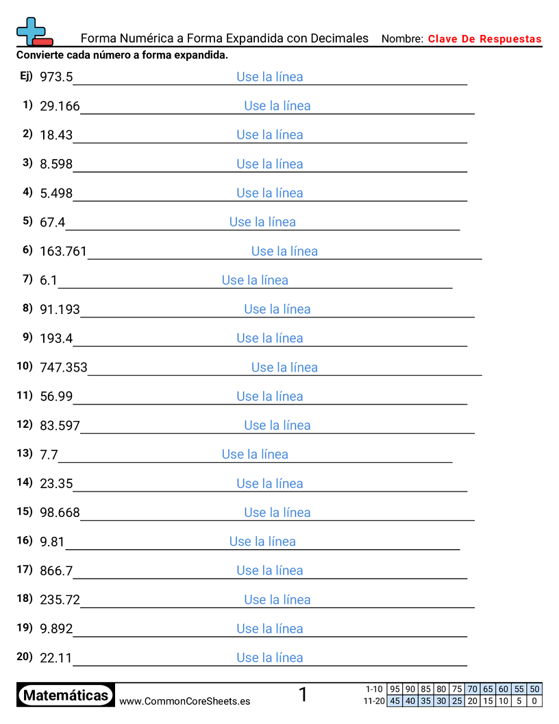 Ejercicios  de conversión de formas - numerica-a-expandida-con-decimales worksheet