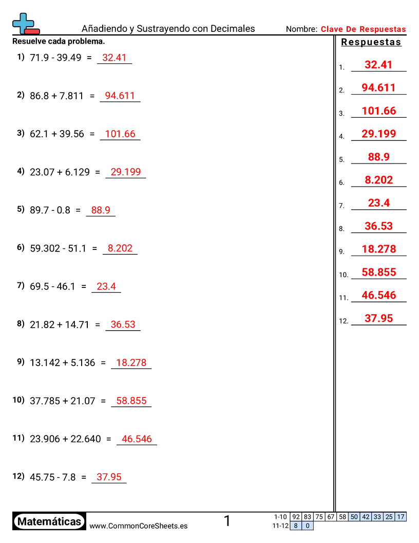 Ejercicios  de decimales  - suma-y-resta-de-decimales-horizontal worksheet