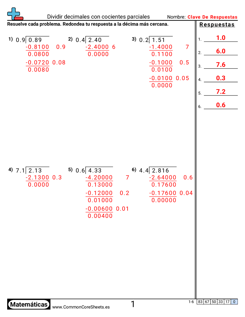 Ejercicios  de decimales  - dividir-decimales-con-cocientes-parciales worksheet