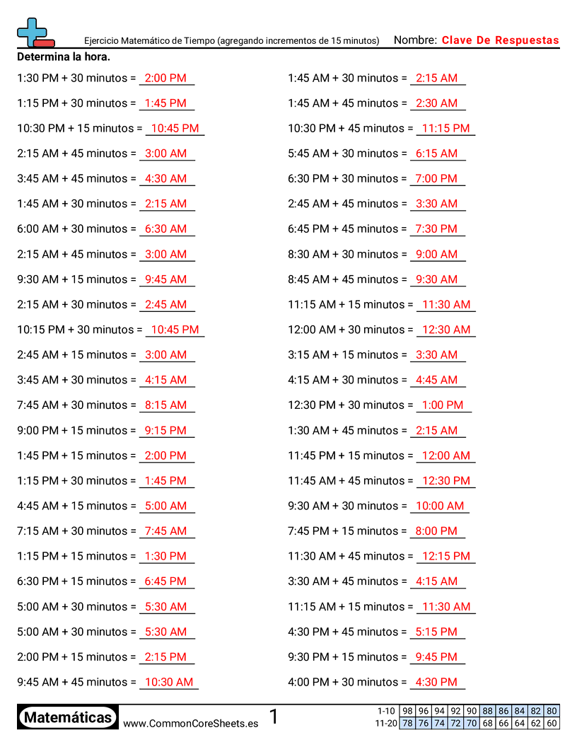 Ejercicios  de ejercicios de matemáticas - sumar-minutos worksheet