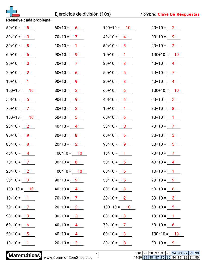 Ejercicios  de ejercicios de matemáticas - 10-tablas worksheet