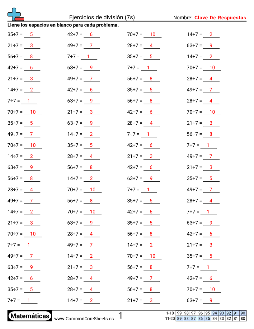 Ejercicios  de ejercicios de matemáticas - 7-tablas worksheet
