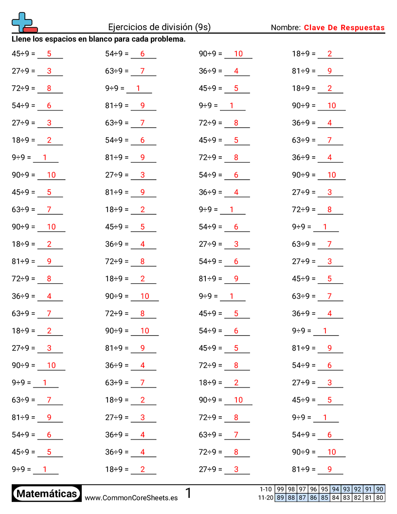 Ejercicios  de ejercicios de matemáticas - 9-tablas worksheet