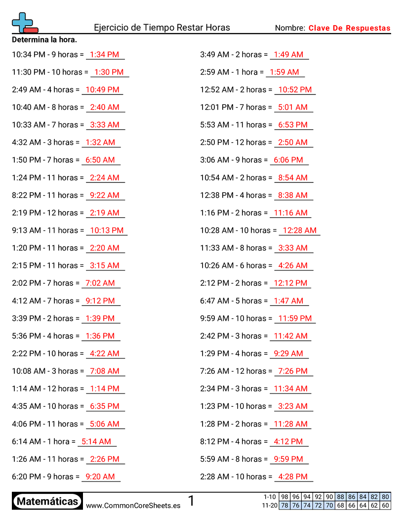 Ejercicios  de ejercicios de matemáticas - restar-horas worksheet