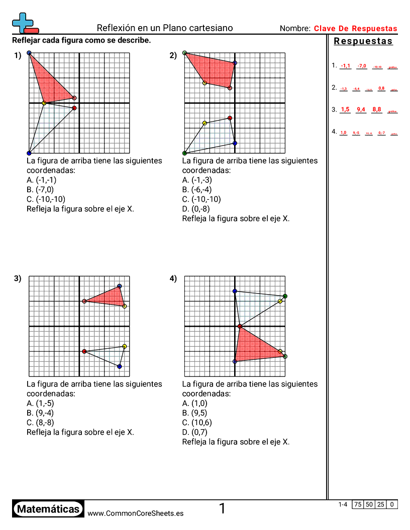Ejercicios  de cuadriculas - reflejar-en-el-plano-de-coordenadas worksheet