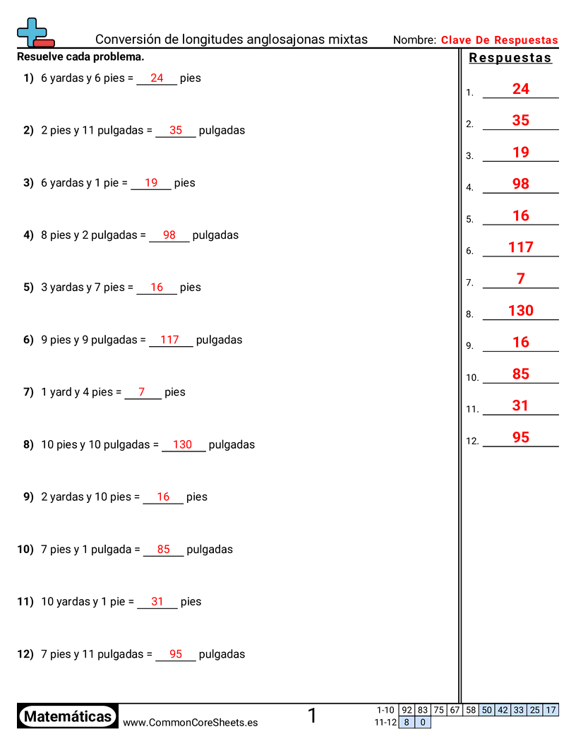 Ejercicios  de medición - convertir-longitudes-estadounidenses-mixtas worksheet