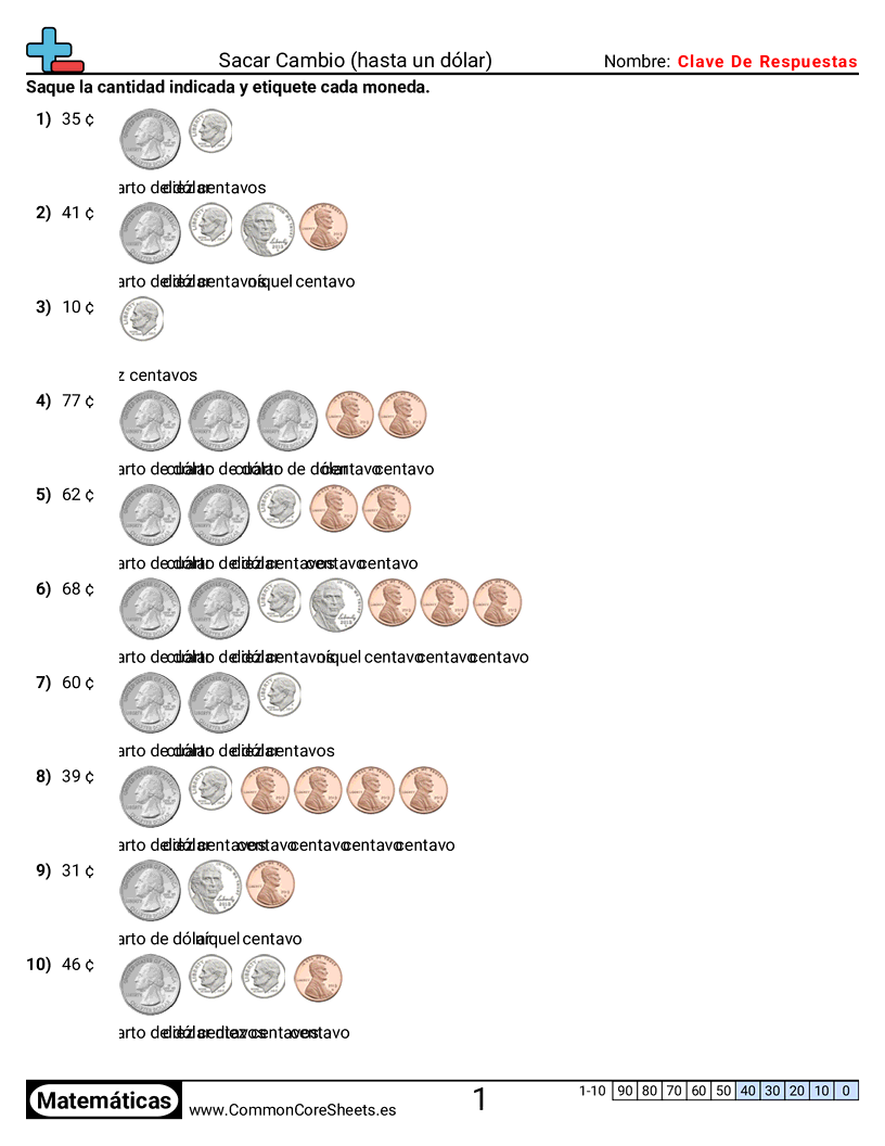 Ejercicios  de dinero  - dibujar-cambio-dentro-de-un-dolar worksheet