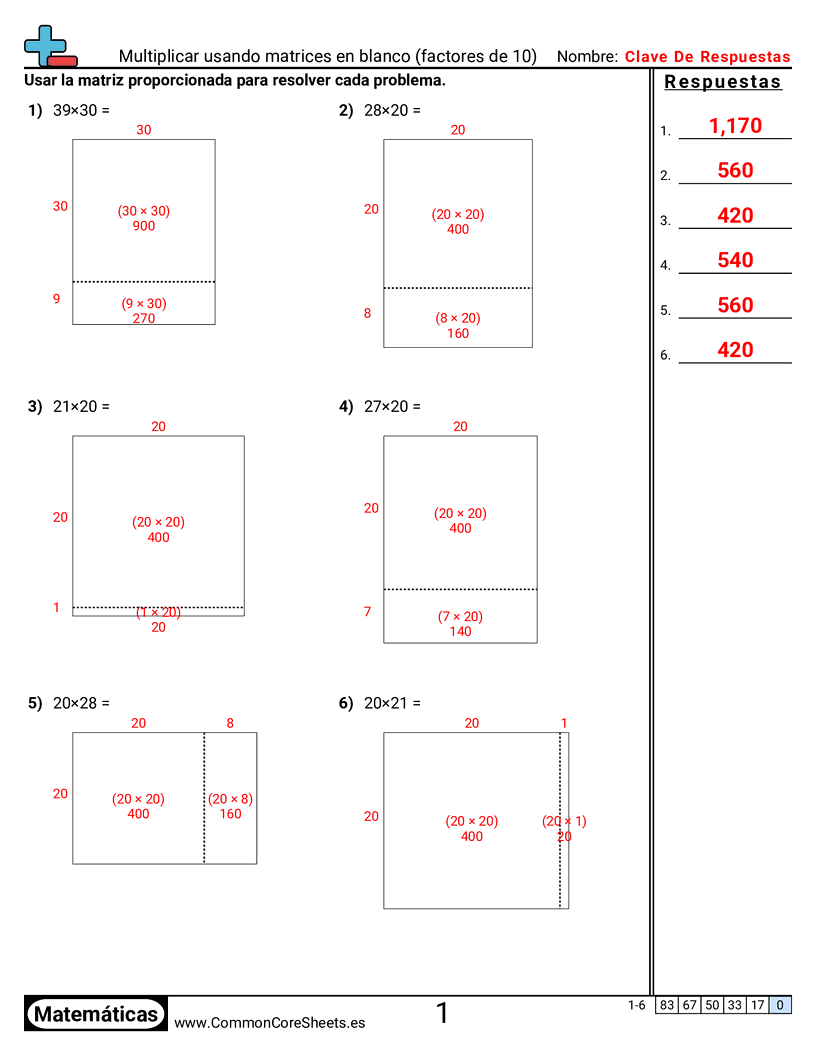 Ejercicios  de multiplicación - multiplicar-usando-arreglos-con-factores-de-10 worksheet