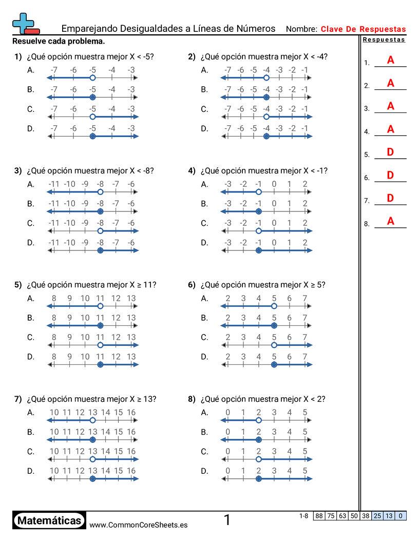 Ejercicios de álgebra - emparejar-desigualdades-con-rectas-numericas worksheet