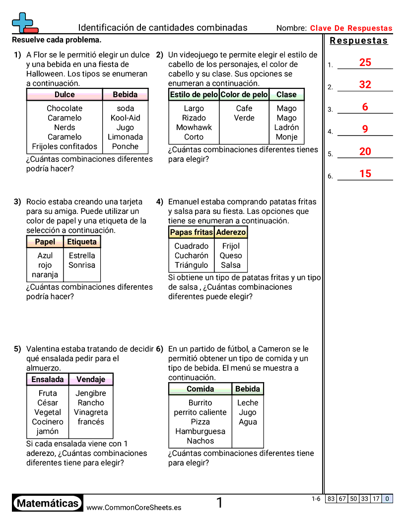 Ejercicios  de probabilidad - identificar-cantidades-de-combinaciones worksheet