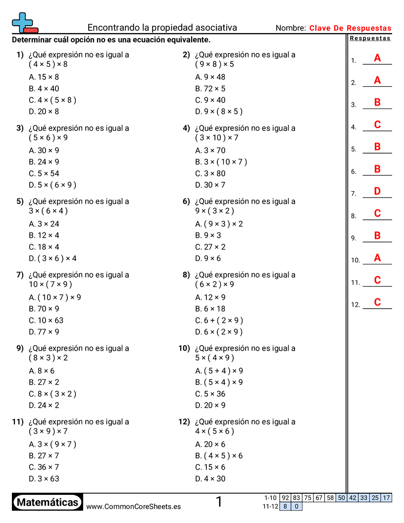 Ejercicios  de propiedades  - encontrar-propiedad-asociativa-equivalente worksheet