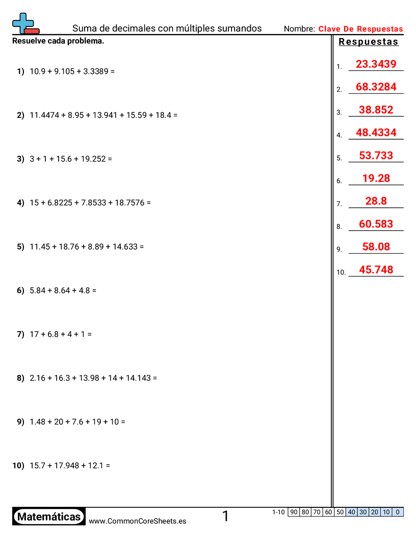 Ejercicios  de decimales  - sumar-varios-sumandos worksheet