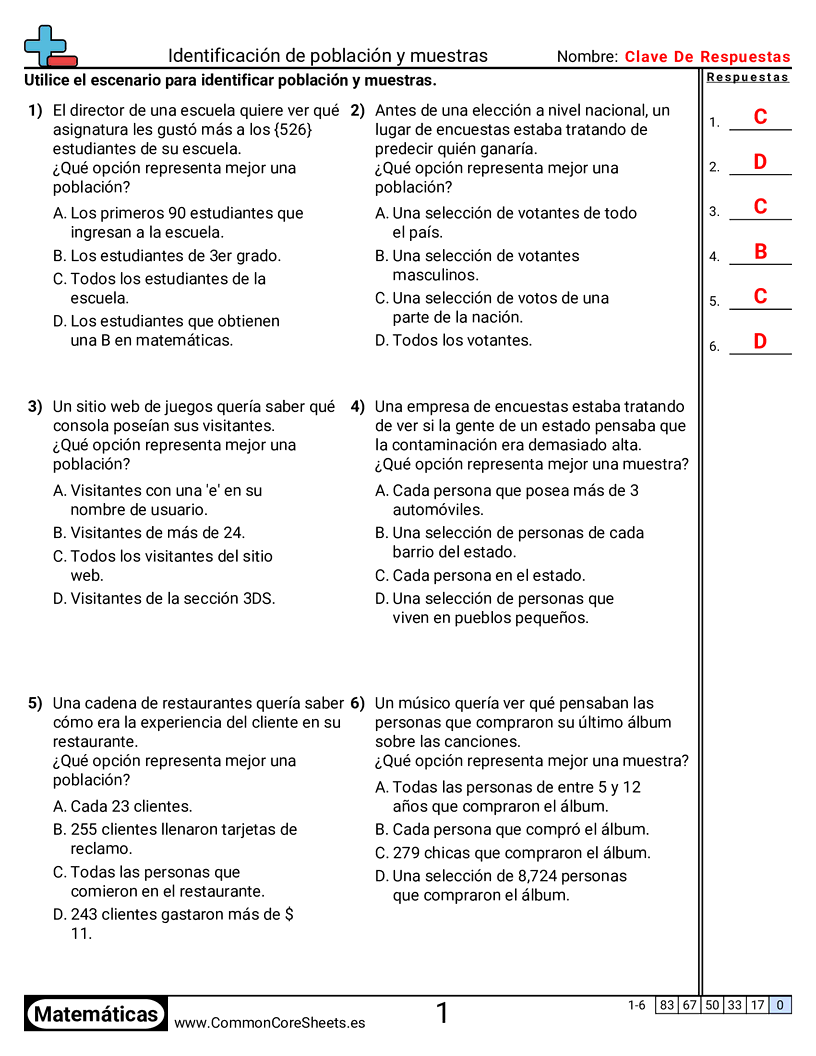 Ejercicios  de estadísticas - identificar-poblaciones-y-muestras worksheet