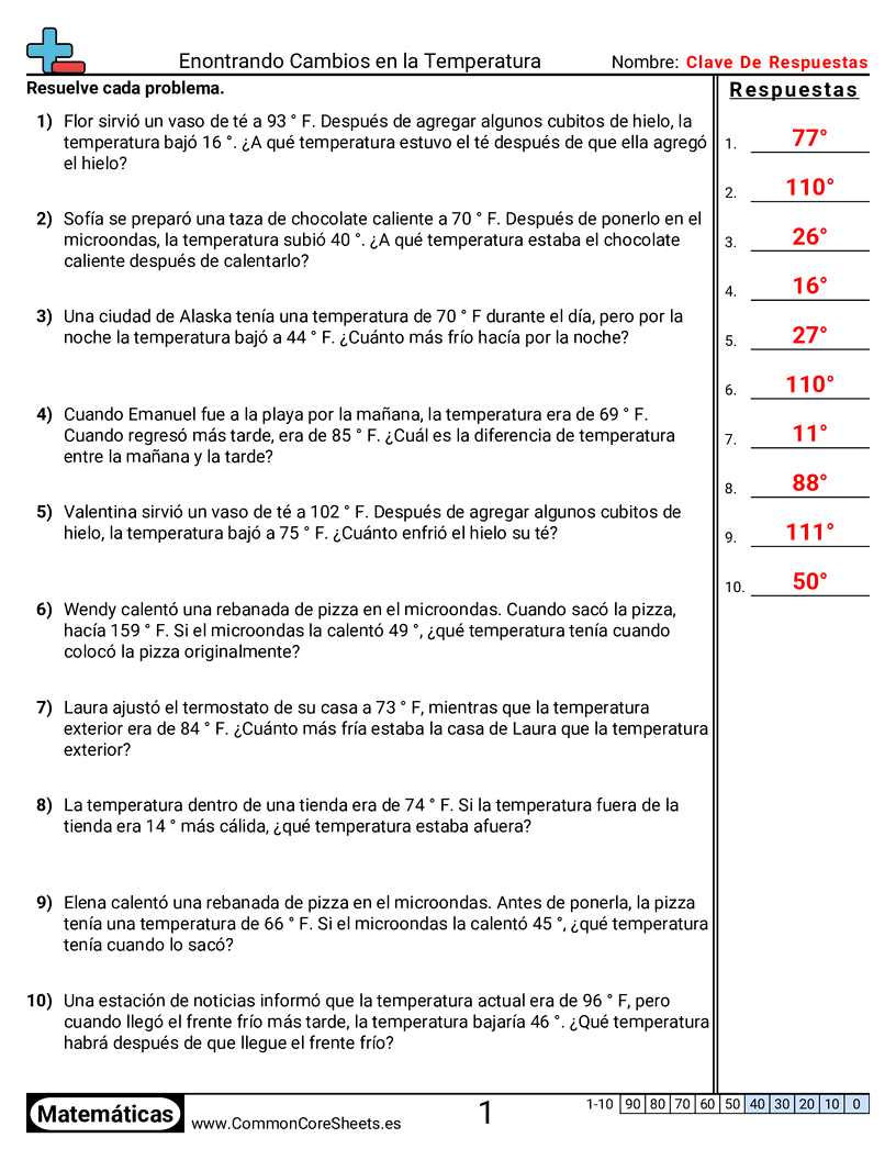 Ejercicios  de temperatura - problemas-de-palabras-0°-100°-f worksheet