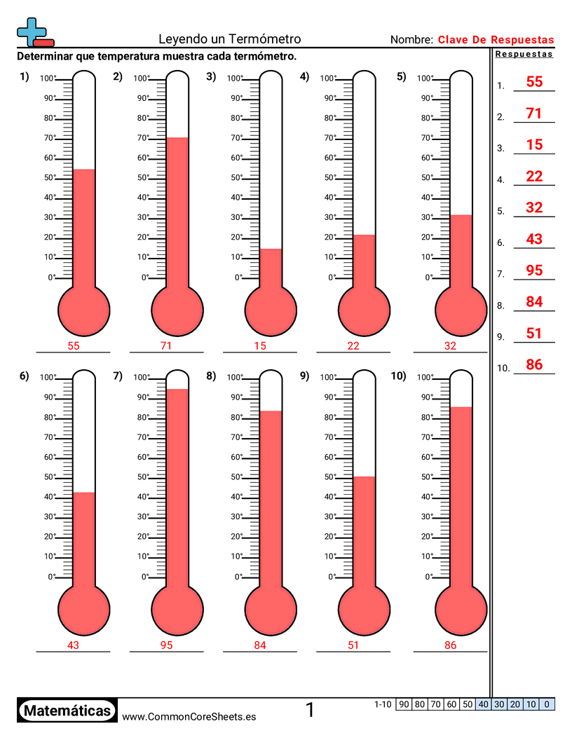 Ejercicios  de temperatura - 0°-100°-10s-descrito worksheet