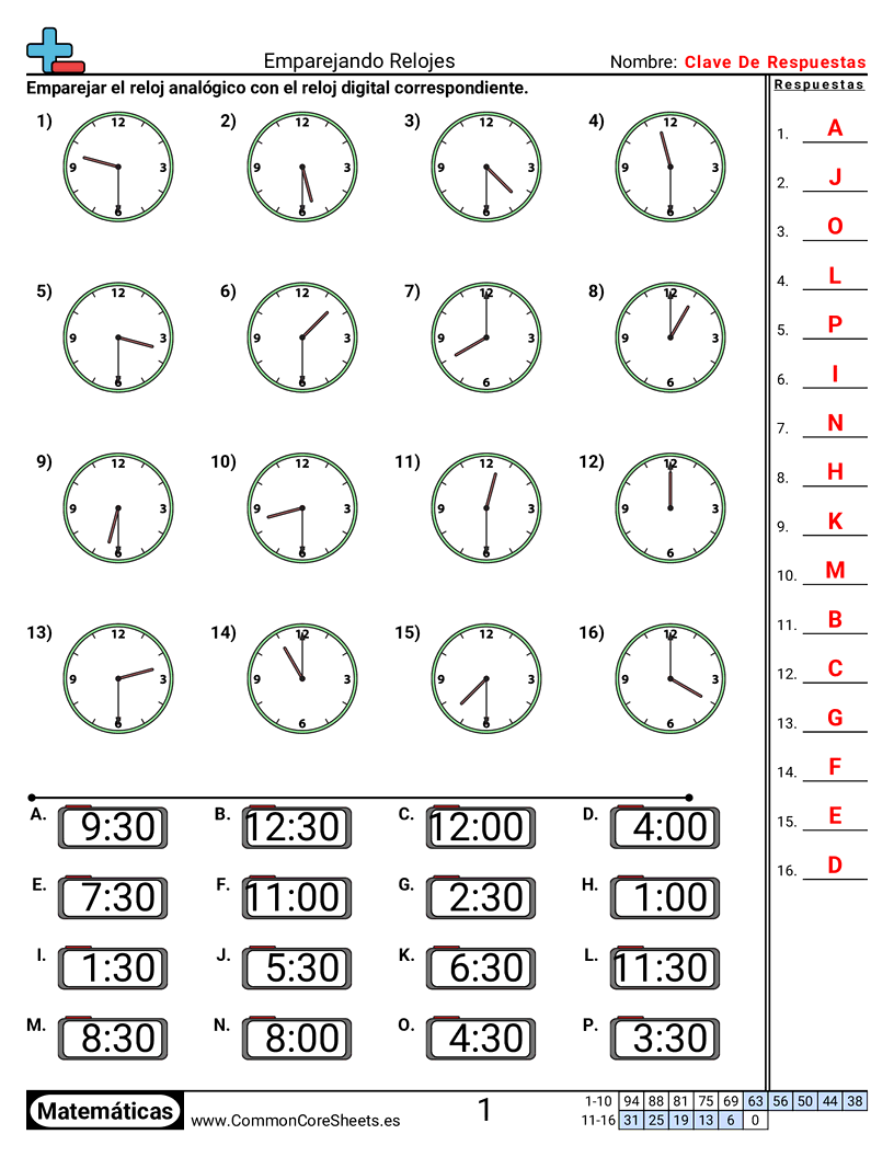 Ejercicios  de tiempo - emparejar-relojes-incrementos-de-media-hora worksheet