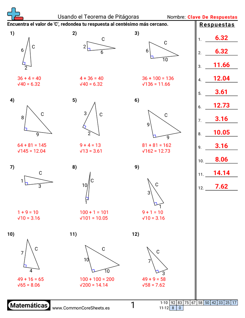 Ejercicios de álgebra - usar-el-teorema-de-pitagoras worksheet