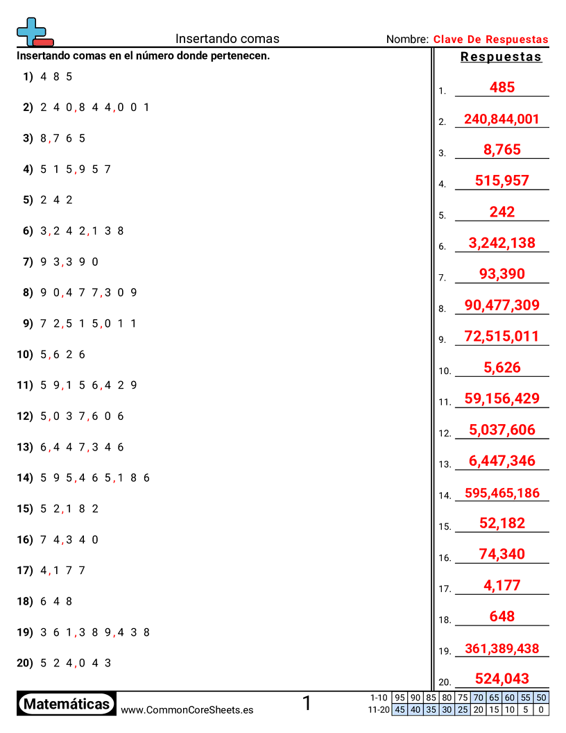 Ejercicios  de valor y valor posicional - insertar-comas worksheet