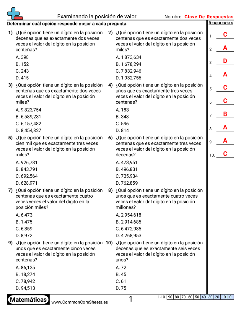 Ejercicios  de valor y valor posicional - examinar-el-valor-posicional worksheet