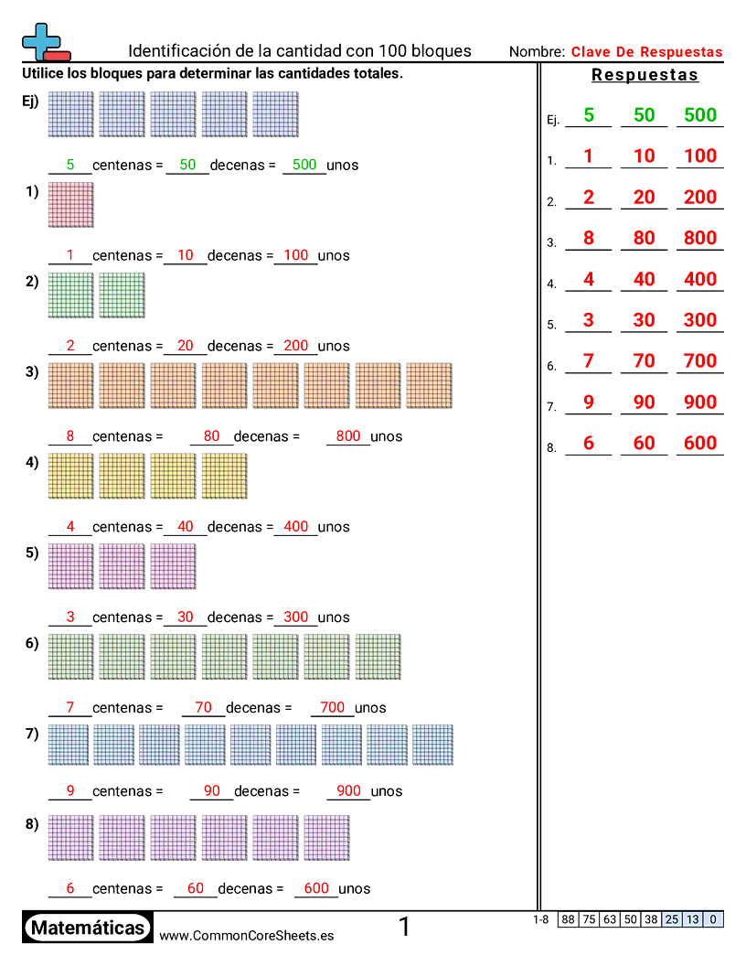 Ejercicios  de valor y valor posicional - identificar-cantidad-con-bloques-de-100 worksheet