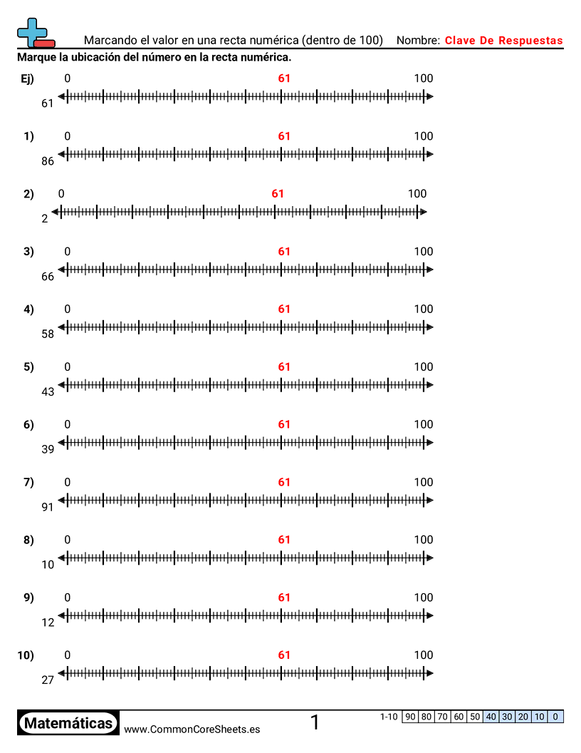 Ejercicios  de valor y valor posicional - marcar-valor-en-una-recta-numerica-dentro-de-100 worksheet