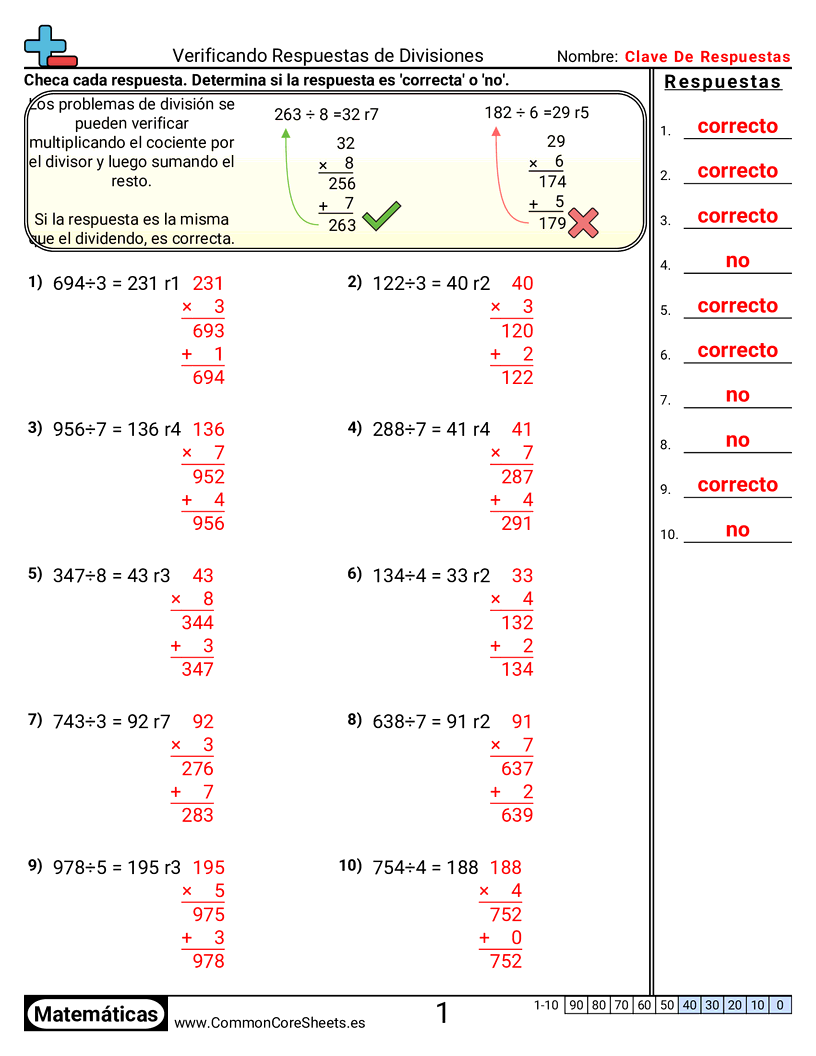 Ejercicios  de división - comprobar-respuestas-de-division worksheet