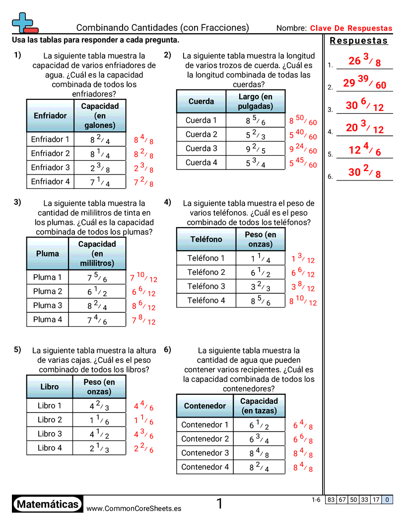 Ejercicios  de fracciones - combinar-cantidades worksheet