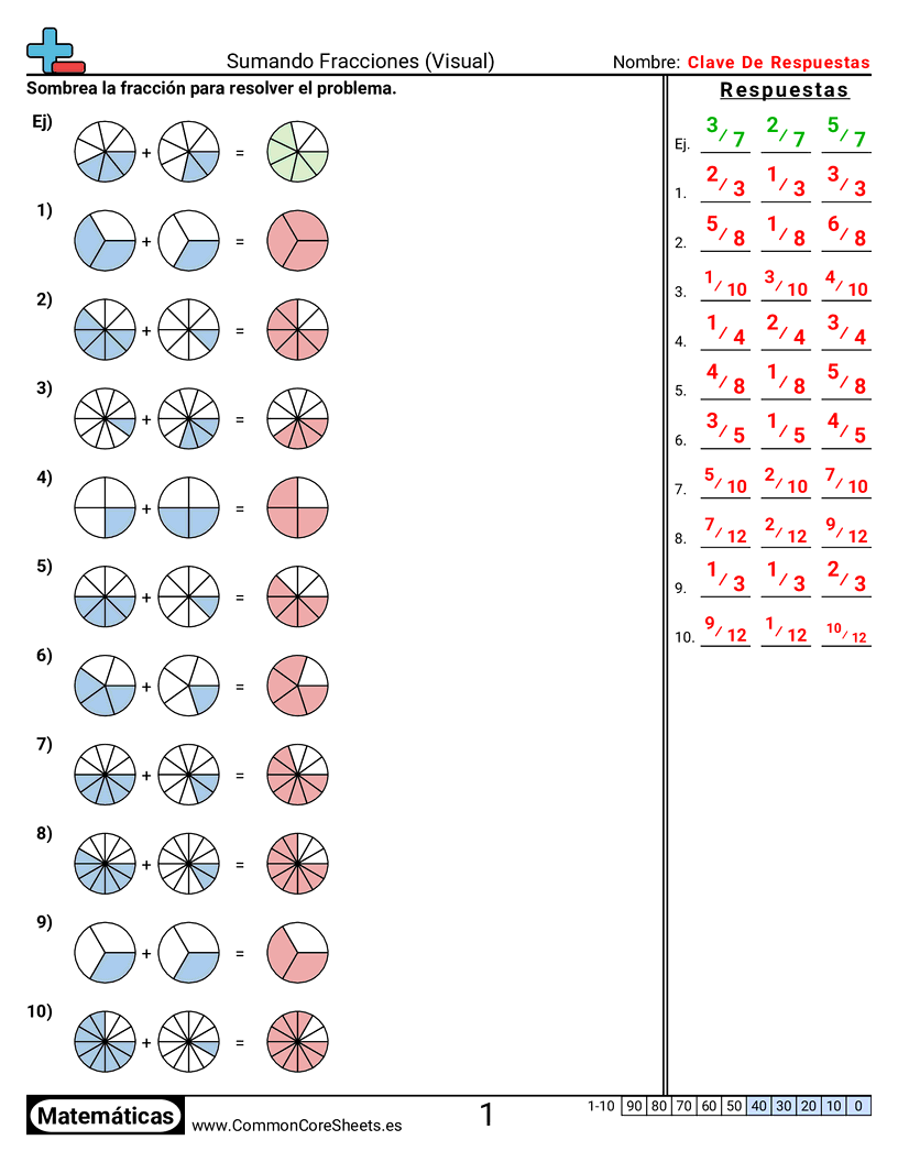 Ejercicios  de fracciones - sumar-fracciones-visual-combinar worksheet