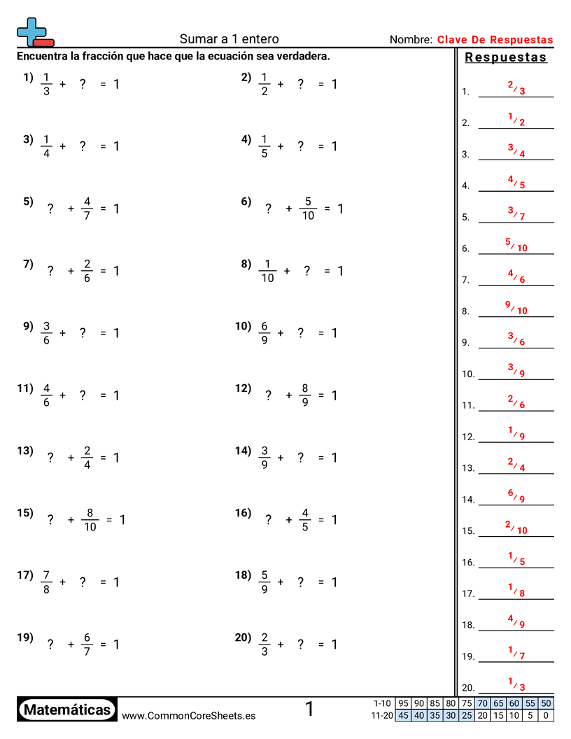 Ejercicios  de fracciones - sumar-hasta-1-entero worksheet