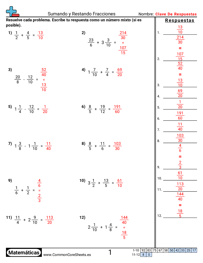 Ejercicios  de fracciones - distinto-denominador worksheet