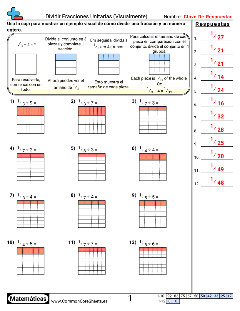 Ejercicios  de fracciones - dividir-fracciones-unitarias-visual worksheet