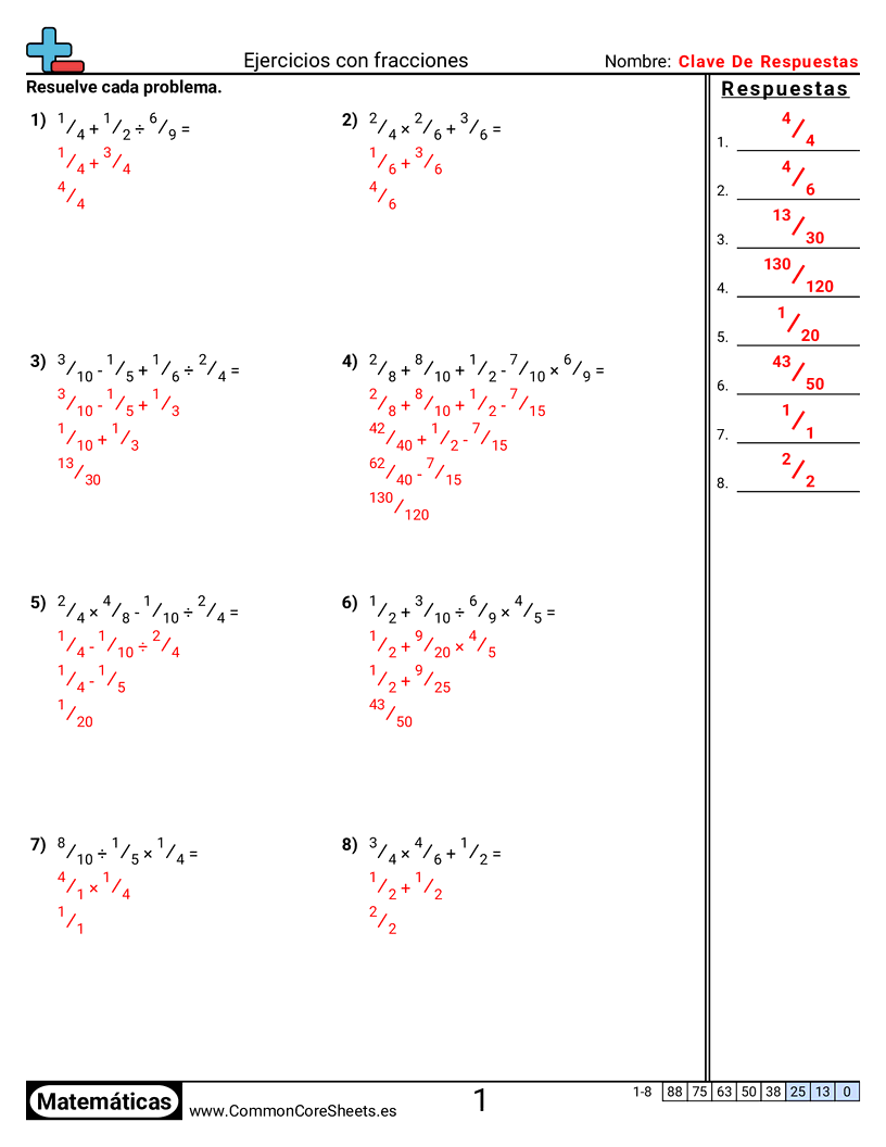 Ejercicios  de orden de operaciones - PEMDAS con fracciones worksheet
