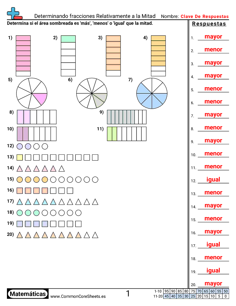 Ejercicios  de fracciones - determinar-el-valor-relativo-a-la-mitad worksheet