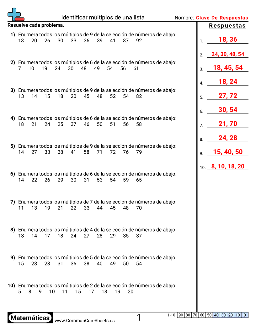 4th Grade Ejercicios  de multiplicación - Identificar múltiplos de una lista worksheet