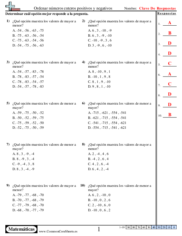  - ordenar-numeros-enteros-positivos-y-negativos-opcion-multiple worksheet